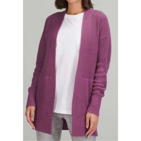 Lululemon Cashlu Sweater M/L Wrap Purple Knit Cardigan Viscose/Nylon Blend - Picture 2 of 9